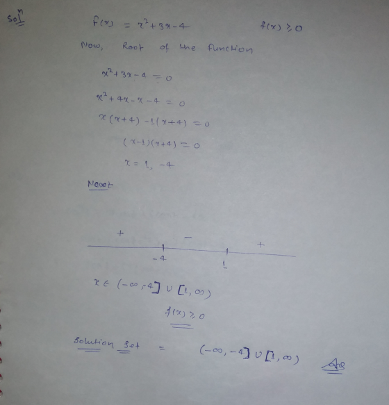 sol f(x) = 2² +34-4 f(x) 3,0 Now, Root of the function ² + 3%- 4 - 0 902 + 4x - X-4 = 0 *(X+4) -1(x+4) = 0 (x-1)(x+4)=0 x = 1