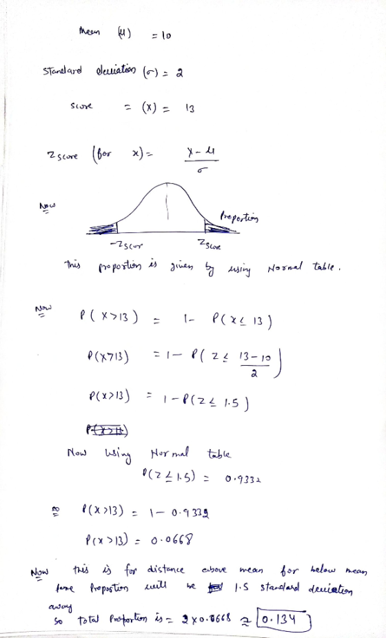 Meen ful) = 10 Stamelard deviation (): 2 score = (x) = 13 escore (for x)= X-4 Preportion This -zscor Zscore proportion is giv