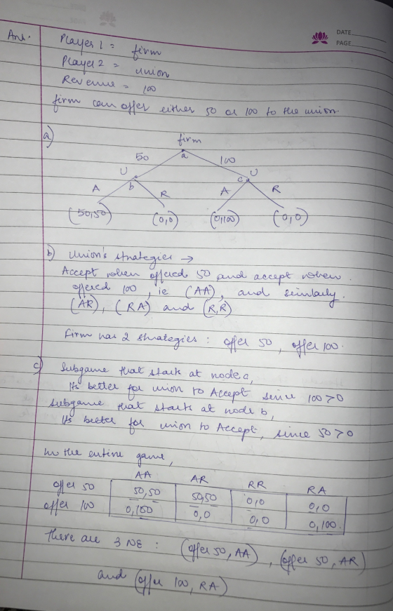 Ani DATE PAGE Player la firm Player 2 a union Revenue a 10 ferm can offer either so a 100 to the house firm a 50 e A RI 15650