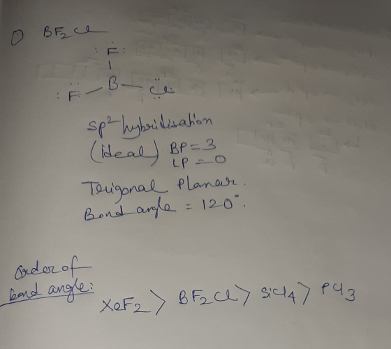 O BE ce E B - cel sp² hybrilisation al apo Tengonal Planar Bond angle = 1200 (Heal) Bp=3 Order of band angle: e xeF2> Bracey