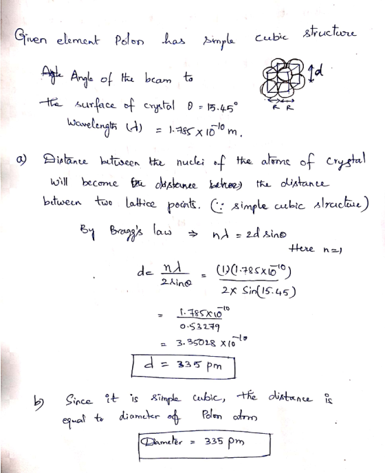 Q Given element Polon has simple cubic structure pad. Alle Angle of the beam to the surface of crystal 0=15.45° Wavelength Lt