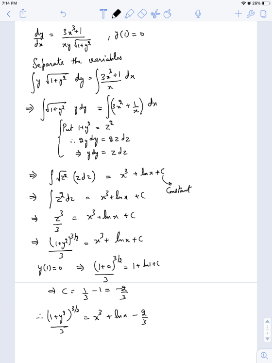 7:14 PM 90 26%D < + $0 Ford xy vity? TOP0+ dy = 3x*! ,000=0 Separate the variables Sy ritge dy = (32+1 de > foregte poly = f*
