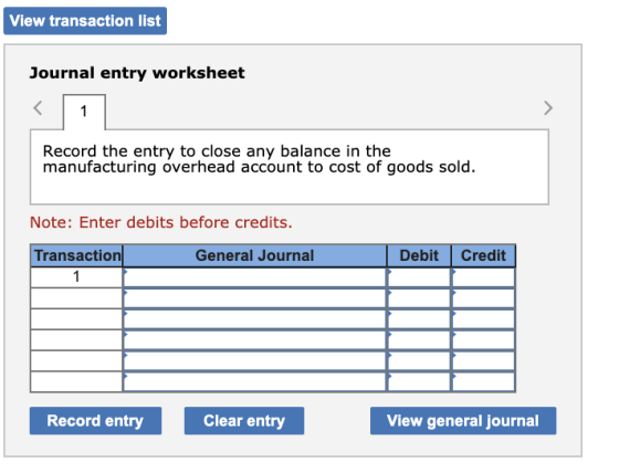 View transaction list Journal entry worksheet < 1 Record the entry to close any balance in the manufacturing overhead account