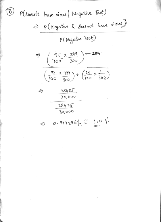 6 P(doesnt have vines / Negative Test) » P(Negative & does not have viores) P (Negative Test) 95 299 100 300 95 X 299 100 30