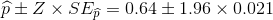 \widehat{p} \pm Z\times SE_{\widehat{p}} =0.64\pm 1.96\times 0.021
