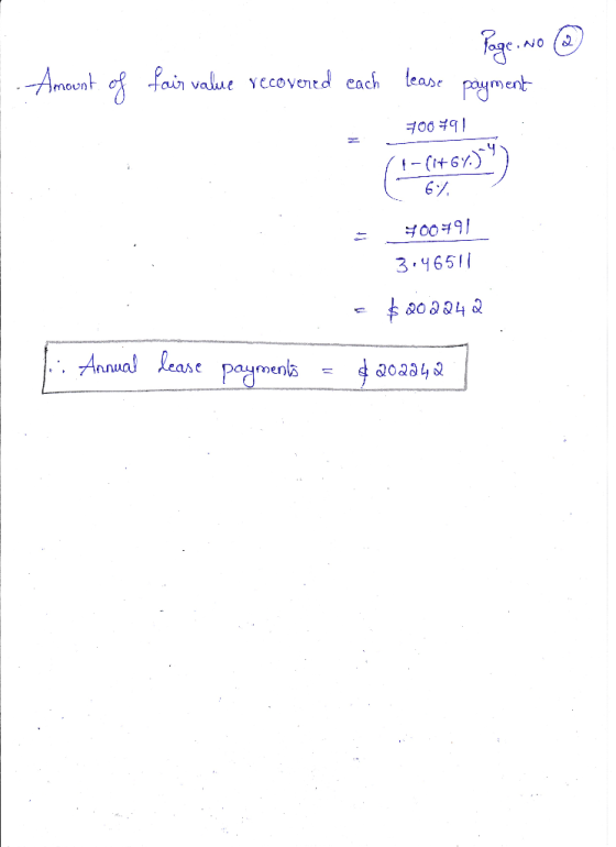 Amount of - Page No ③ fair value recovered cach tease payment 700791 (1-(1767.)) 6% - 00791 346511 - $ 202242 Hi Annual leas