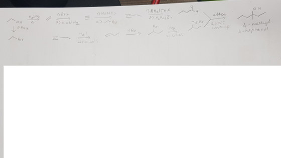OH 1) SY 1) NANH2 1) BH₂) THE 2) H, 021014 after Hasou - 2) NaN Ha j Pora acidic wone up 4-methyl 4- heptanol Hor Lindlars
