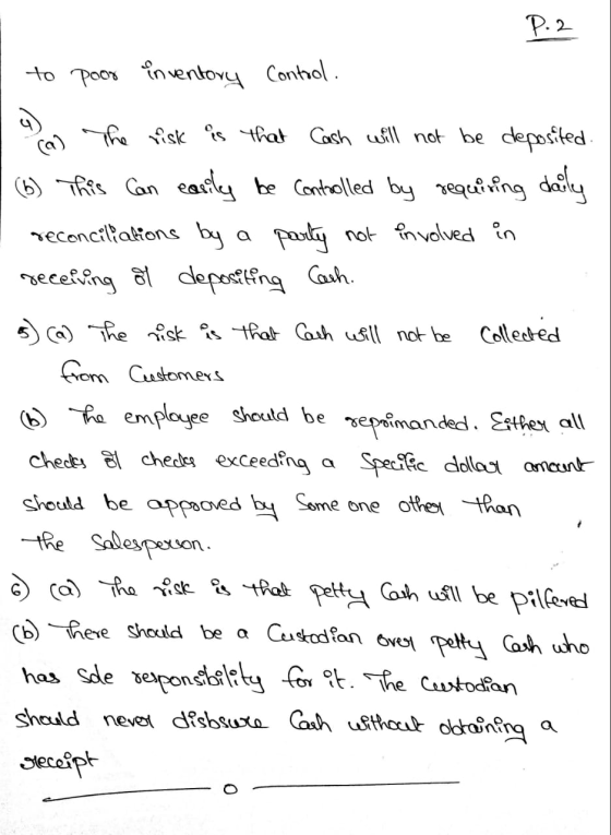 P. 2 to poor inventory Control. (a) The risk is that Cash will not be deposited. (6) This can easily be controlled by requiri