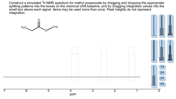 Image for Construct a simulated 1H NMR spectrum for methyl propanoate by dragging and dropping the appropriate splitting