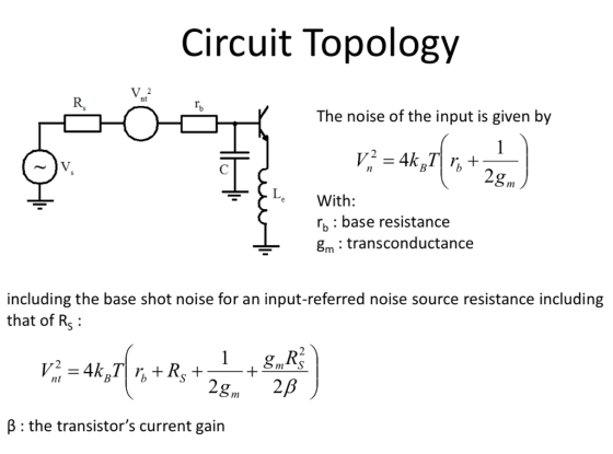 Circuit Topology nt The noise of the input is given by 2 Le With: r, : base resistance gm transconductance including the base shot noise for an input-referred noise source resistance including that of Rs 2g2P ß:the transistors current gain