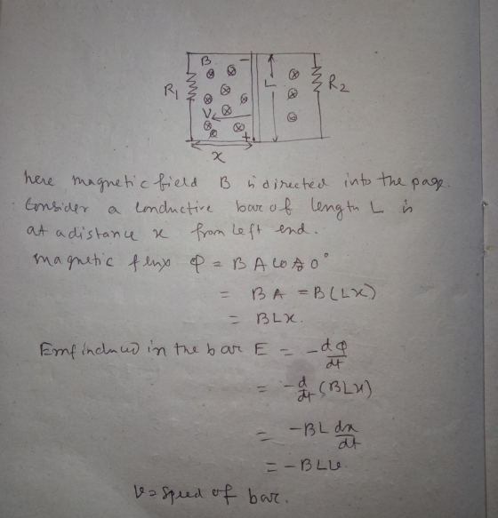 B R2 RI Consider here magnetic field B indirected into the page. a lonductive bar of length L is at a distance & from left en