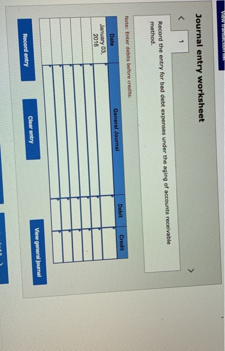 Journal entry worksheet Record the entry for bad debt expenses under the aging of accounts receivable method. Note: Enter deb