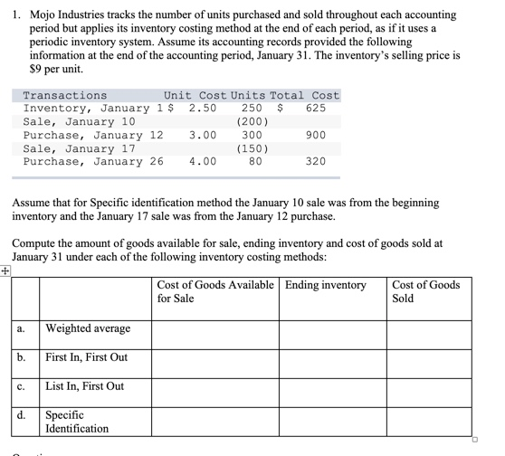 1. Mojo Industries tracks the number of units purchased and sold throughout each accounting period but applies its inventory