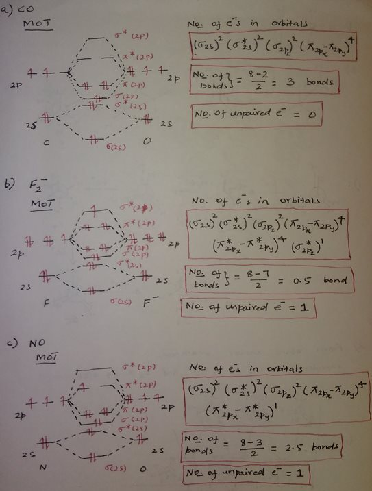 a) co Ne, o es in obitali 2 P No. ot unpaired e- 2S 2 MoT No. ot e in orbidals x(2p) 2-P 2.5 bohdls 2. NO moi 2P 2.