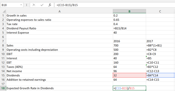 B18 : X fx =(C15-B15)/B15 B 1 Groeth in sales 2 Operating expenses to sales ratio 3 Tax rate 4 Dividend Payout Ratio 5 Intere