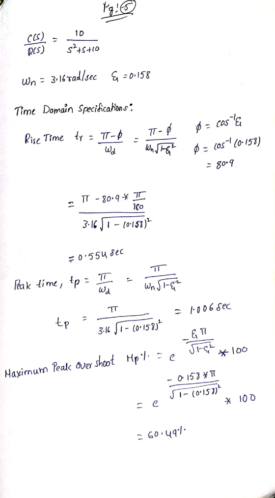 19.0 10 CCS) R(5) s²15+10 Wn = 3.16rad/sec 3.16rad/sec & = 0.158 Time Domain Specifications: coste T-0 Ø = cos Rise Time tr=