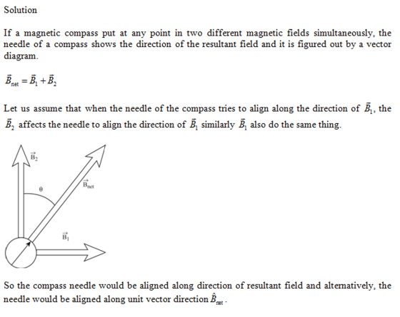 Solution If a magnetic compass put at any point in two different magnetic fields simultaneously, the needle of a compass show