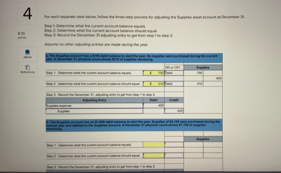 For each separate case below, follow the three-step process for adjusting the Supplies asset account at December 31 Step 1: D