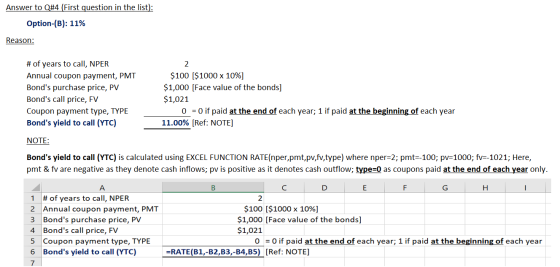 Answer to Q#4 (First question in the list): Option-(B): 11% Reason: # of years to call, NPER 2 $100 [$1000 x 10% Annual coupo