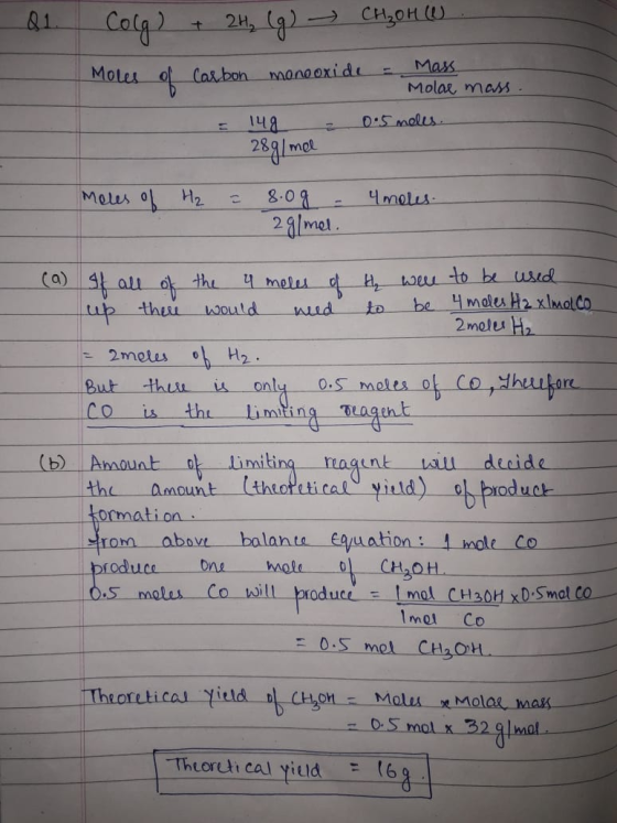 Q1. Colg) + 2H₂ (g) - CH₂OHU. Moles of carbon moncoxide Mass Molae mass. 149 0.5 meles. - 289/mel 28g1 mee meres of H₂ = 8.0g