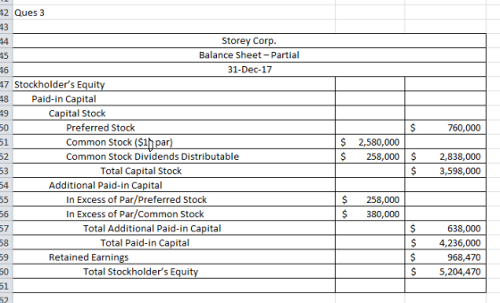 42 Ques 3 760,000 Storey Corp. Balance Sheet - Partial 31-Dec-17 47 Stockholders Equity Paid-in Capital Capital Stock Prefer