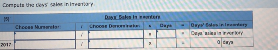 Compute the days sales in inventory. (5) Days Sales in Inventory I Choose Denominator: X Days Choose Numerator: Days Sales
