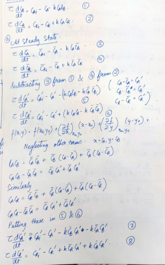 at ... ☺ Co-Ğ = cé) , e da Cai - Ca klas.... 0 z dCA = Cei - GQ + k CA CR... @ At Steady state Jeda - Chi - A - K CA CO ... ③