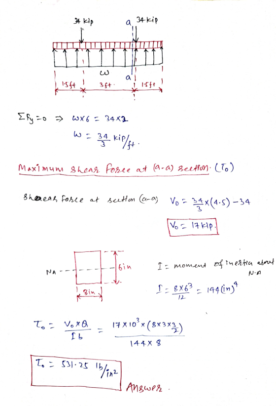 34 kip 34 kip มานานนาน а isft 347 1547 Ely 5o = wx6 = 34x3 w 34. Kip/4+. Maximum shear force at (ara) section. (To) she dear
