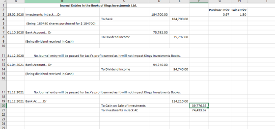 H ДА B Journal Entries in the Books of Kings Investments Ltd. 2 3 25.02.2020 Investments in Jack....Dr 4 To Bank (Being 18948