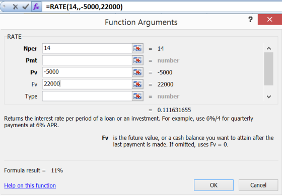X Info =RATE(14,,-5000,22000) Function Arguments ? X RATE Nper 14 = 14 E = number Pmt Pv -5000 220001 = -5000 = 22000 FV Type