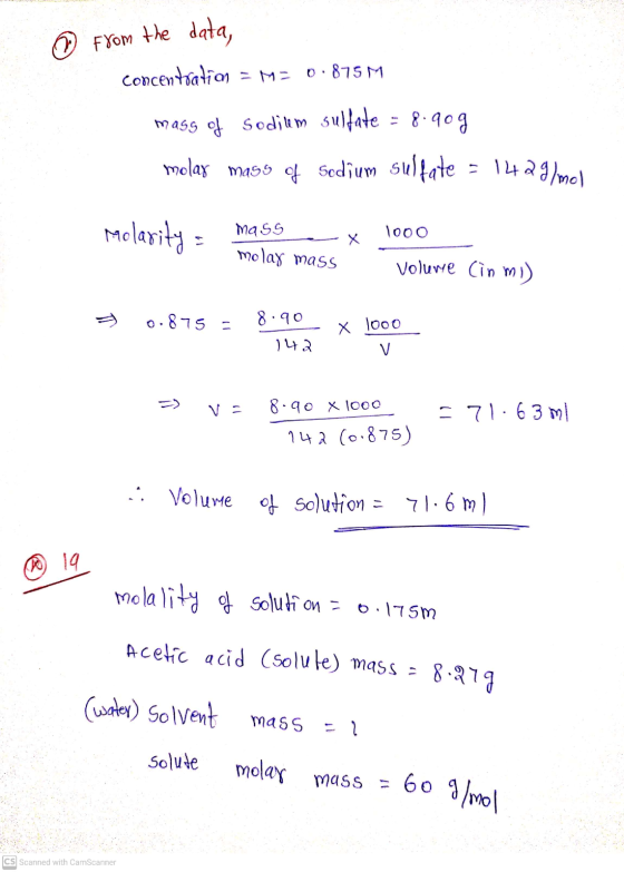 ② from the data, Concentration = ME 0.875M mass of Sodilem sulfate = 8.909 molax mass of Sedium sulfate - 1429/mel Molarity M