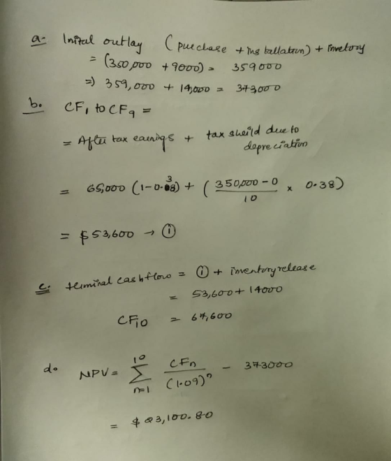 a Inital outlay (puechase tinstallation) + Invetory - (350,000 + 9000), 359000 >) 359,000 + 14,000 = 373000 CF, to CF q = - A