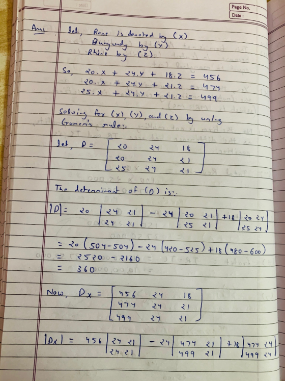 | Page No. | Date: An d et, Rose is denoted by (x) Burgundy by (y) ton. We (E) Rhine by one २०.x + २५y + २०. x + २५y + २७.x +