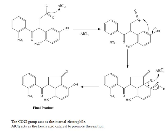 Cl AICl3 он OH AICI4 NO2 NO2 O H3C H3C AICI NO2 NO2 Ο Нас H3C Final Product AlCls acts as the Lewis acid catalyst to promote
