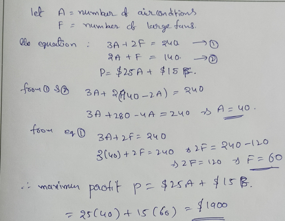 let A=number of air conditions F-number of large fans. llo equation : 3A + 2F = 240 2A +F = 140 P= $25 A + $15B. 0 from so 3A
