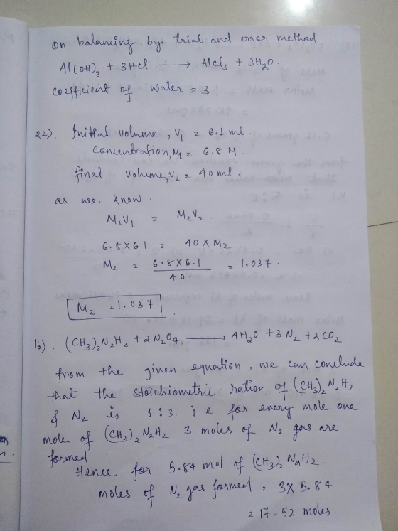 on balancing by trial and error method Al(OH) + 3 Hel - Alcl3 + 3H₂o. coefficient of water 23 2. God ml. 22). Initial volume,
