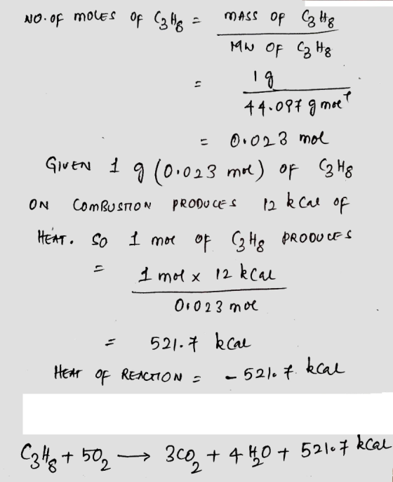 No. of Moles of Calha = mass op G Hg Mw of Cz Hg - 44.087 g moet = 0.028 mol GIVEN 1 g 10.023 mol) of C3 Hg ON COMBUSTION PRO