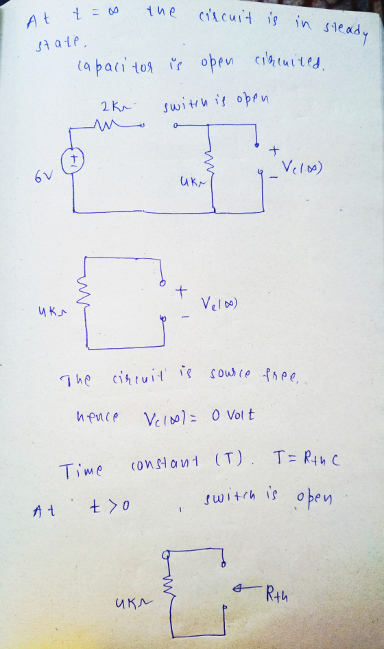 the At t=0 circuit is in steady state, capacitor is open circuited switch is open 2 kr ۸۸۸ + Velo 6V Ukr + m Velo) ИК The cir