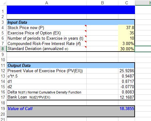 3 Input Data 4 Stock Price now (P) 5 Exercise Price of Option (EX) 6 Number of periods to Exercise in years (t) 7 Compounded
