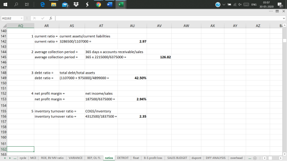 C w ENG 05:07 30-05-2020 27 X AQ162 fx AQ AR AS AT AU AV AW AX AY AZ В. 140 1 current ratio = current assets/current liabilit