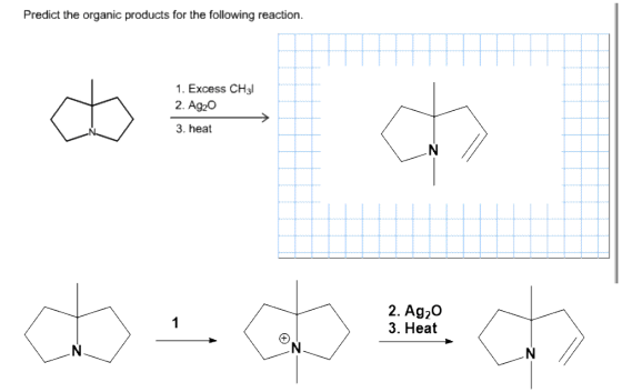 Predict the organic products for the following reaction. 1.Excess CHal 2. Ag2O 3. heat 2. Ag20 3. Heat