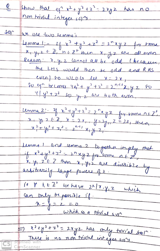 show that eq x² + y² + 2² = 2xyz has no non trivial integer soling. sor Jwe use two hemmas Lemma l;- ff x² + y² + ² = 2n xyz