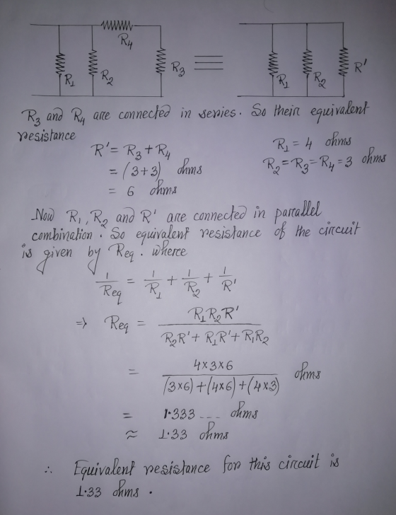RH WWW www WWWW R3 R2 = R3 R4 =3 ohms Rg and Ry are connected in senies. So their equivalent Yesistance =(3+3) ohms = 6 ohms
