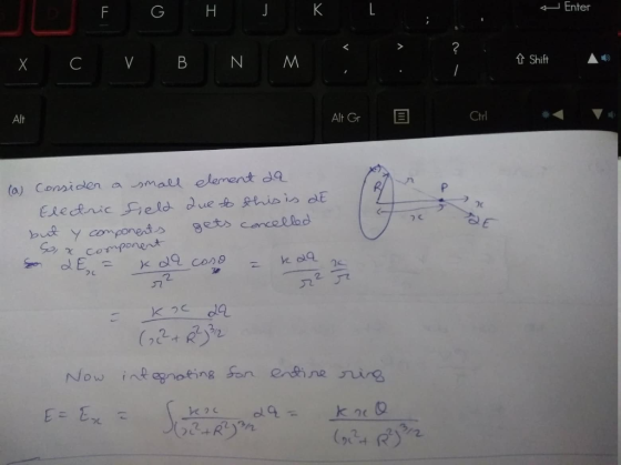 + Enter < > ? X C v BNM A Shift Alt Gr Ctrl (a) Consider a small element da Electric field due to this is aE. but y component