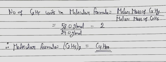Molar Mass of Getty Melar Mass of Cats No of Cette units in Molecular formula = = 58.0 glmal - 2 29.0g/mol o Modecular formul