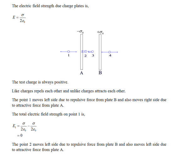 The electric field strength due charge plates is, 0 2 3 4 The test charge is always positive. Like charges repels each other