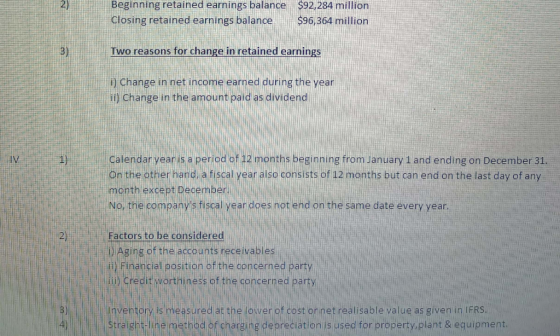 Beginning retained earnings balance $92,284 million Closing retained earnings balance $96,364 million Two reasons for change