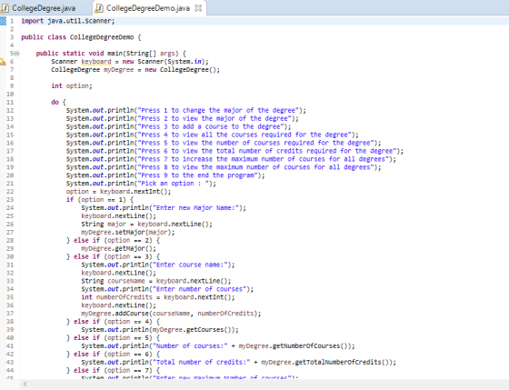 2 4 CollegeDegree.java CollegeDegree Demo.java X 1 import java.util.Scanner; 3 public class collegeDegreeDemo { 50 public sta