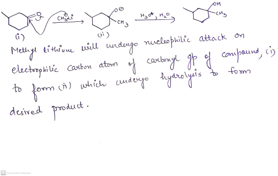 OH CH3 CH₃Li G Wenn niet, may (ii) lithiume will un undergo nucleophilic attack on electrophilic carbon atom of carbonyl go o