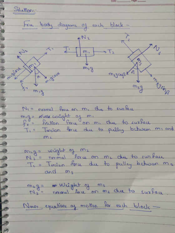 Date: Fage. Solution Free body diagrams of each block - a Nz 0 % mg o3 misid migoosa megsing Ne = normal force on mi due to s